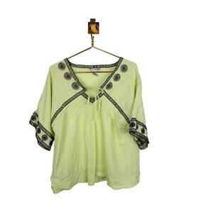 Two Star Dog Hemp Lime Green Top Embroidered V-Neck Tie Lightweight Blouse Sz M